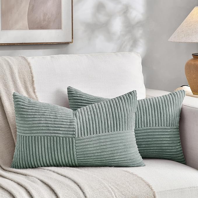 Fancy Homi 2 Packs Grey Blue Lumbar Decorative Throw Pillow Covers 16x28 Inch for Living Room Couch Bed, Rustic Farmhouse Boho Home Decor, Soft Striped Corduroy Rectangle Accent Cushion Case 40x70 cm