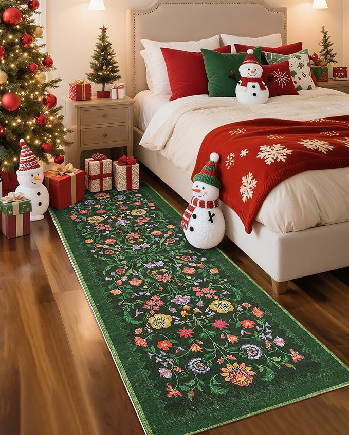 Protea Floral Rug 2x6 Runners for Hallways, Boho Kitchen Runner Rugs Non Slip Bath Runners, Vintage Washable Runner Rug for Bedroom, Soft Long Rugs for Entryway Bathroom Laundry Dorm, Forest Green