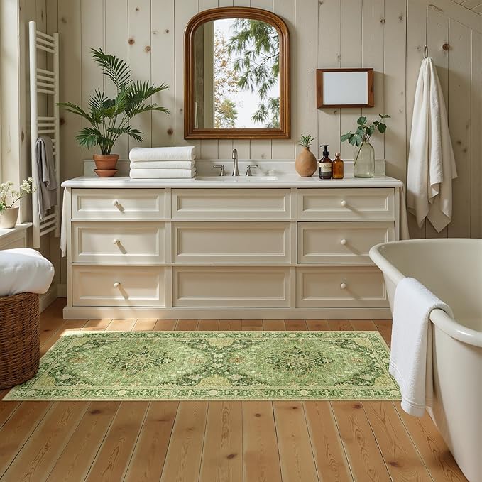 Area Rugs 2'x6' Runner Rug Non Slip Washable for Kitchen Hallway Bedroom Beside Laundry Room Bathroom Rug, Floor Carpet, Sage Green Yellow
