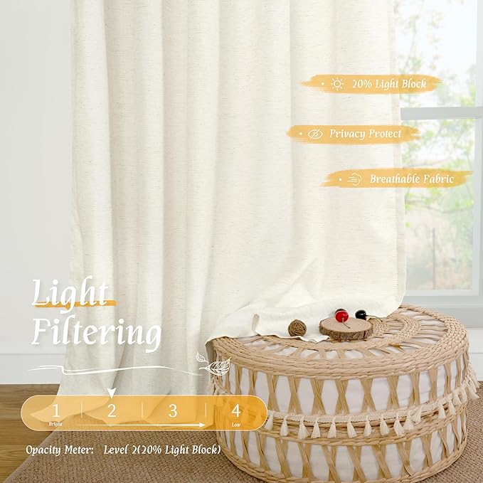 LAMIT Cream Sheer Linen Curtains for Bedoom, 45 Inches Long Faux Linen Textured Light Filtering Panels Rod Pocket Neutral Drapes for Kitchen/Window/Living Room, 2 Panels Set, 42 x 45 Inch