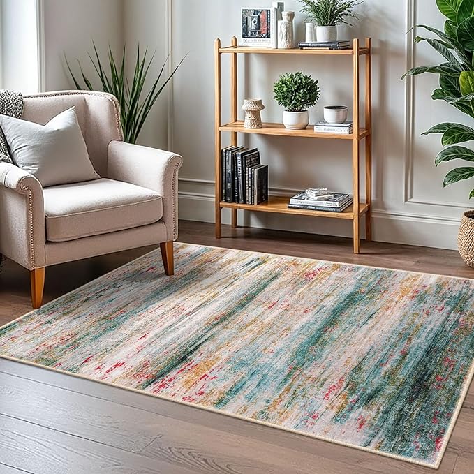 KOZYFLY Area Rug 3x5 Modern Ombre Living Room Rug, Washable Rugs for Bedroom Non-Slip Soft Stain Resistant Striped, Print Green Abstract Carpet for Living/Laundry/Kid Room