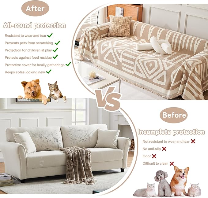 HANDONTIME Sofa Covers for Sectional Sofa Boho Couch Cover for Dogs Khaki Throw Couch Cover with Tassel Loveseat Covers Futon Cover L Shaped Cover Washable Chenille Couch Protector, 91" X150"
