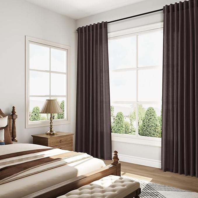 Nanspring Cocoa Coffee Curtains 102 Inches Long, Back Tab Linen Blend Light Filtering Semi Sheer Privacy Drapes for Living Room & Bedroom, 52x102 inch, 2 Panels