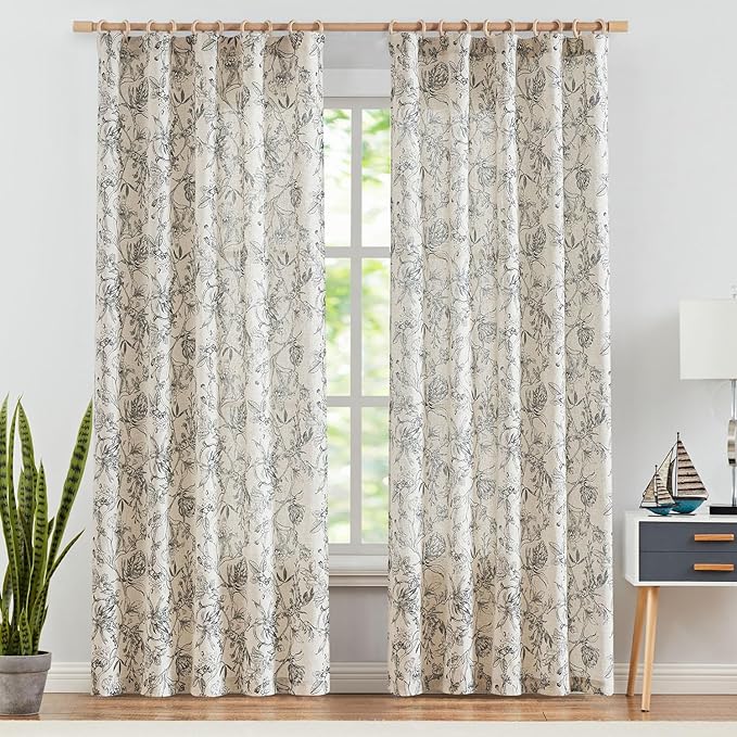 jinchan Floral Curtains 84 Inches Long Black Flower Linen Farmhouse Curtain for Living Room French Country Vintage Curtain Rod Pocket Curtains Set 2 Panels Balck Floral Printed