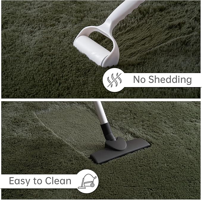 Goideal Fluffy Rug for Bedroom Living Room, 7x10 Olive Green Area Rugs, Faux Fur Shag Modern Carpet Ultra Soft Girls Boys Room Home Decor, Solid