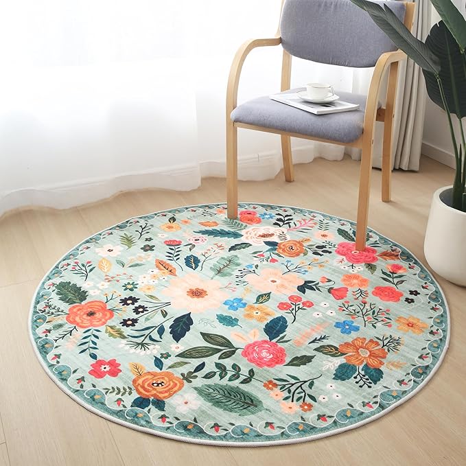 Rugcomf Round Rug 4ft Washable Circle Rug Non Slip Low Pile Boho Floral Small Circular Rug for Bedroom, Bathroom, Entryway, Kids Room, Office, College Dorm(Green)