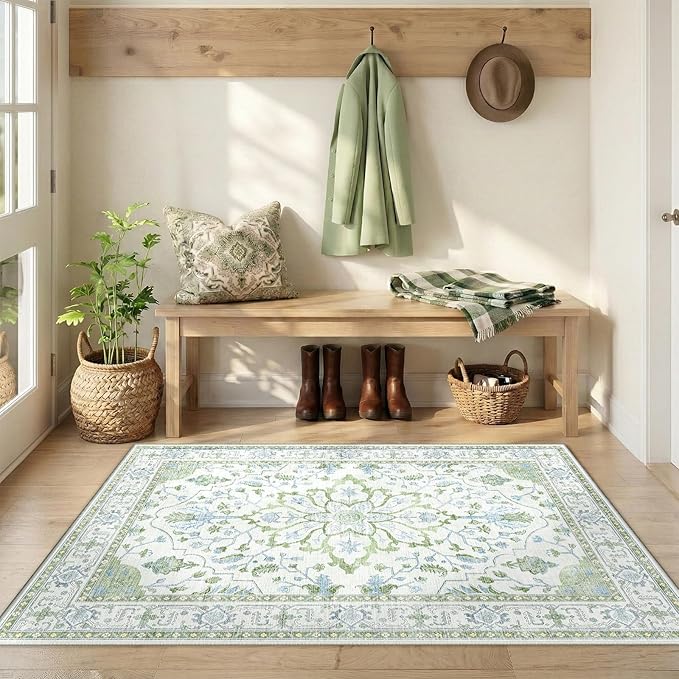 RELEANY Area Rugs 3'x5' Washable Non-Slip, Floral Vintage Distress Print Pattern Medallion Carpet for Living Room Bedroom Dining Room, Green White Blue
