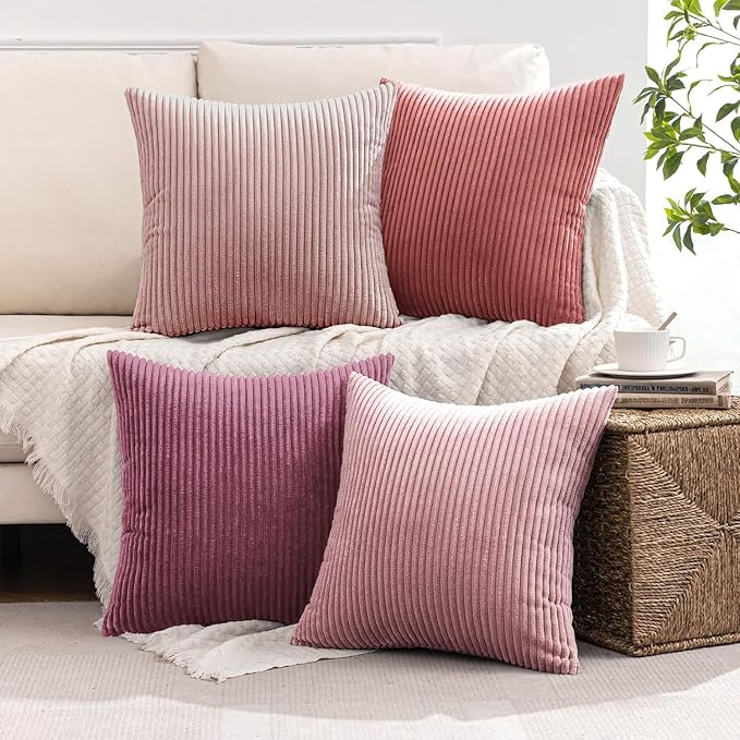 MIULEE Pack of 4 Purple Pink Valentines Corduroy Decorative Throw Pillow Covers 18x18 Inch Soft Boho Striped Pillow Covers Modern Farmhouse Spring Home Decor for Sofa Living Room Couch Bed