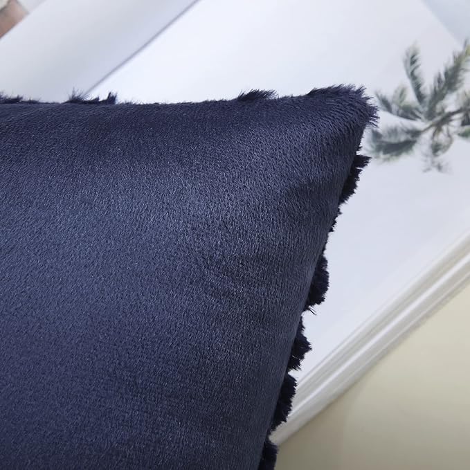 decorUhome Summer Throw Pillow Covers 18x18 Inch Set of 2, Soft Plush Faux Wool Navy Blue Solid Couch Pillow Covers, Accent Farmhouse Neutral Square Pillow Cases for Sofa Bed Living Room