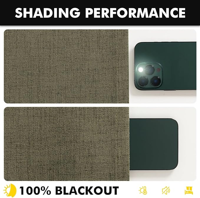 MIULEE 100% Blackout Linen Curtains for Bedroom, Light Olive Green Solid Luxury Decor Thermal Insulation Room Darkening Drapes for Living Room Nursery Back Tab Rod Pocket 42 x 90 Inches, 2 Panels