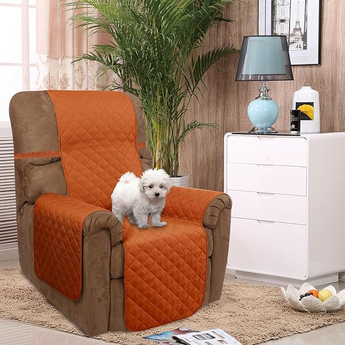 U-NICE HOME Recliner Chair Covers Reversible Quilted Water Repellent Pet Protectors with Elastic Straps (23''Recliner Small, Orange/Taupe)