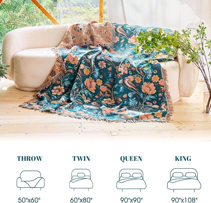 MSGKV Boho Throw Blanket for Bed 60"x80" Cotton Birds Floral Twin Size Couch Blanket Muslin Spring Breathable All Seasons Lightweight Farmhouse Blankets