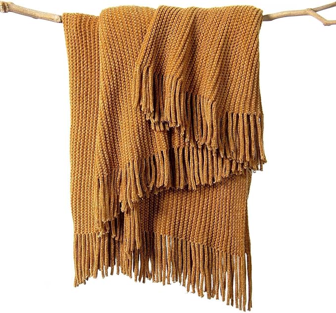 lifein Throw Blanket for Couch, Soft Boho Decor Bed Throw,Cozy Brown Knitted Chenille Small Farmhouse Lightweight Throw (Golden Brown,60 * 80")