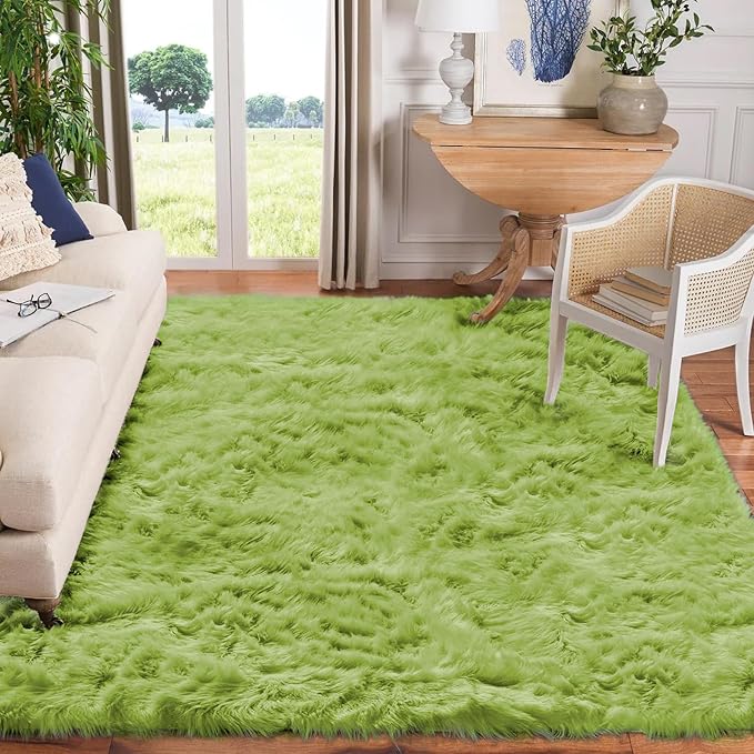 Goolela Lime Green Area Rug 8x10 Fluffy Fuzzy Furry Rug for Bedroom Living Room Faux Sheepskin Fur Shaggy Soft Rectangle