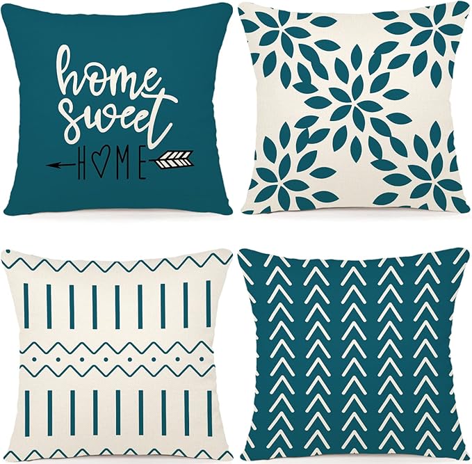 YCOLL Pillow Covers 18x18 Set of 4, Modern Sofa Throw Pillow Cover, Decorative Outdoor Linen Fabric Pillow Case for Couch Bed Car,Teal