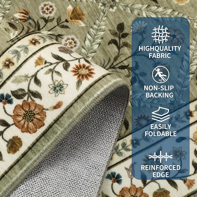 6x9 Machine Washable Area Rugs for Living Room Floral Stain Resistant Soft Carpet Vintage Low Pile Non Slip Non-Shedding Floor Carpet Rugs for Bedroom Nursery Green