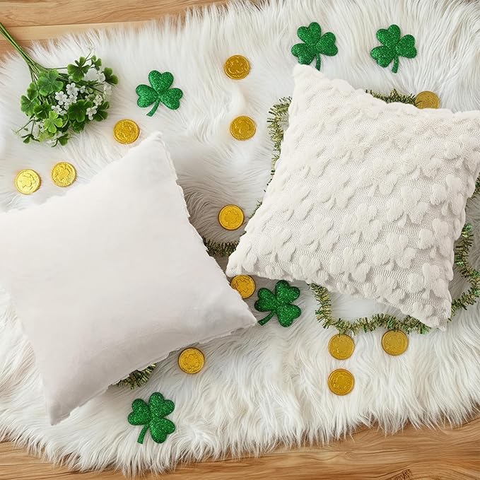 decorUhome St. Patrick’s Day Shamrock Pillow Covers 18x18 Inch Set of 2, Soft Plush Faux Wool Cream White Throw Pillow Covers, Farmhouse Spring Holiday Decor for Sofa Living Room