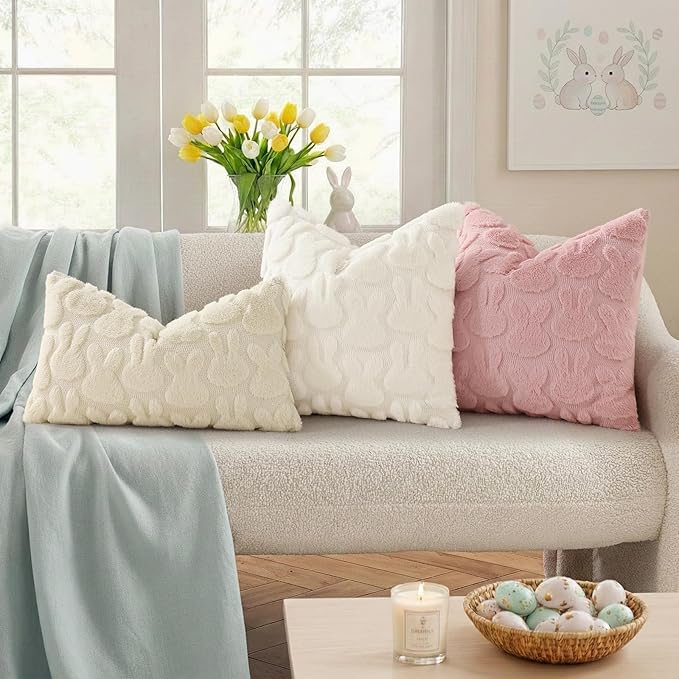 decorUhome Easter Bunny Pillow Covers 16x16 Inch Set of 2, Soft Plush Faux Wool Jacquard Pink Rabbit Cushion Covers, Farmhouse Neutral Spring Easter Holiday Decor for Couch Sofa Bed