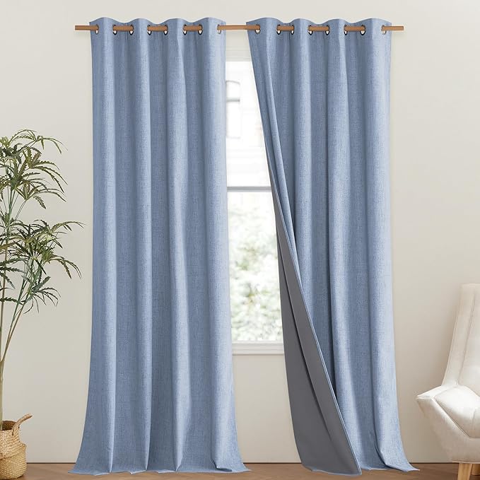 NICETOWN Stone Blue Vintage Linen 100% Blackout Curtains for Living Room, Thermal Insulated Curtains 95" Long, Noise Reducing Window Treatment Drapes for Bedroom, 52" Wide Per Panel, Set of 2