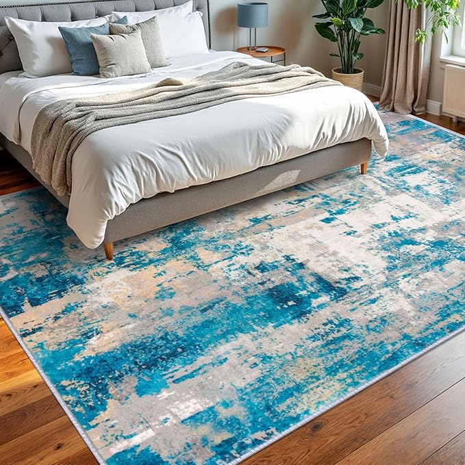 KOZYFLY Modern Abstract Area Rugs 8x10 Turquoise/Beige/Grey/Yellow Machine Washable Thin Rug for Bedroom Non-Slip Living Room Rug, Faux Wool Soft Low Pile Carpet for Dining Room, Bedroom, Bathroom