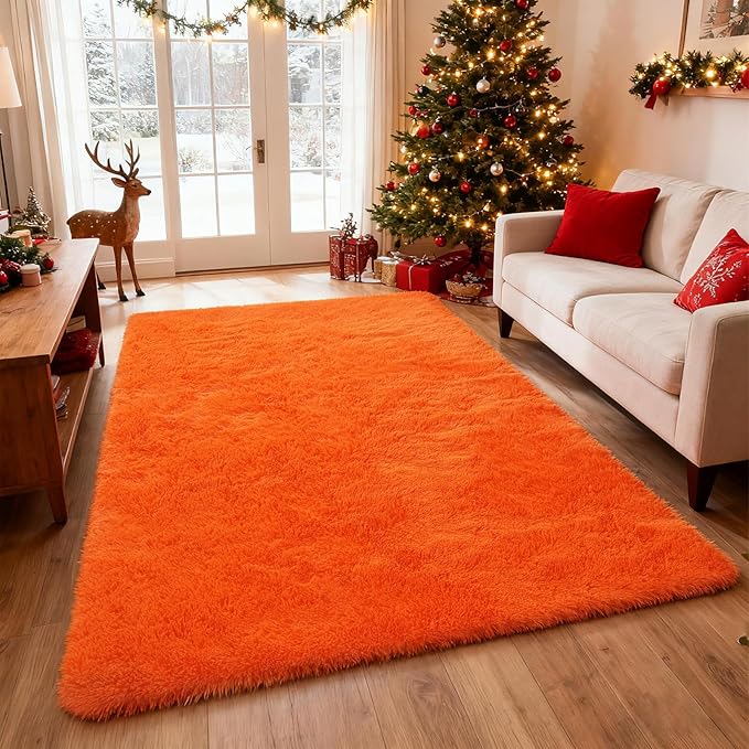 Orange Shag Area Rugs for Bedroom Living Room,8X10 Ultra Soft Fluffy Area Rugs for Dorm,Indoor Carpet Nursery Rugs for Kids Girls Room Home Halloween Decor
