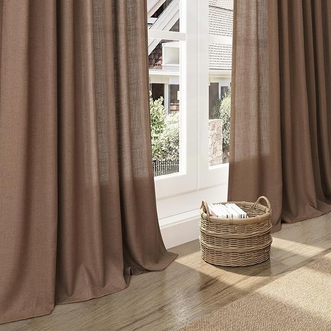 Nanspring Caramel Brown Linen Semi Sheer Curtains 72 Inches Long 2 Panels Set for Bedroom Back Tab Rod Pocket Light Filtering Privacy Drapes Cotton Textured Farmhouse Living Room Curtain 52X72