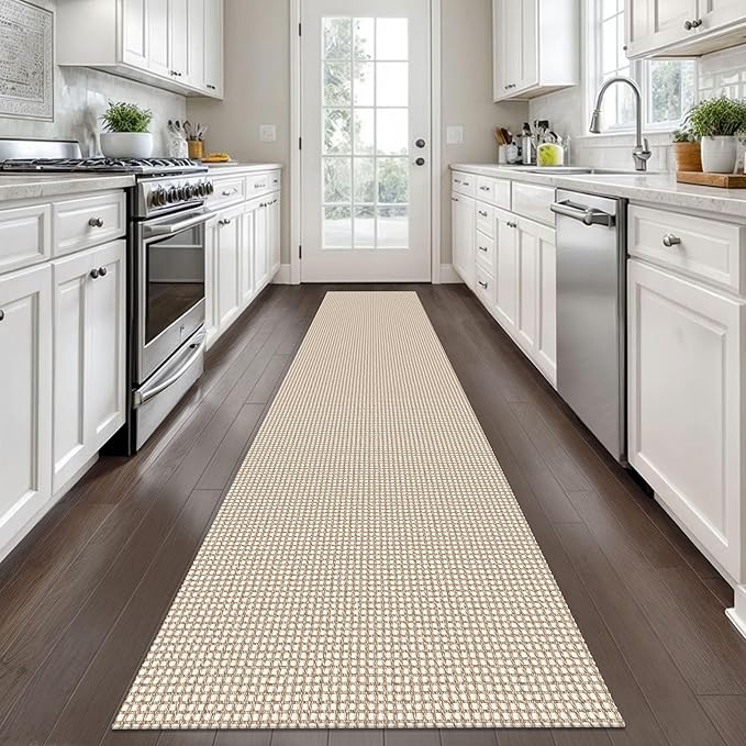 KOZYFLY Long Runners for Hallways 2x12 ft Washable Kitchen Runner Non Slip Rubber Backed Hallway Rugs Cotton Entryway Runner Rug Floor Carpet for Indoor Hall, Backdoor, Kitchen, Ivory/Khaki