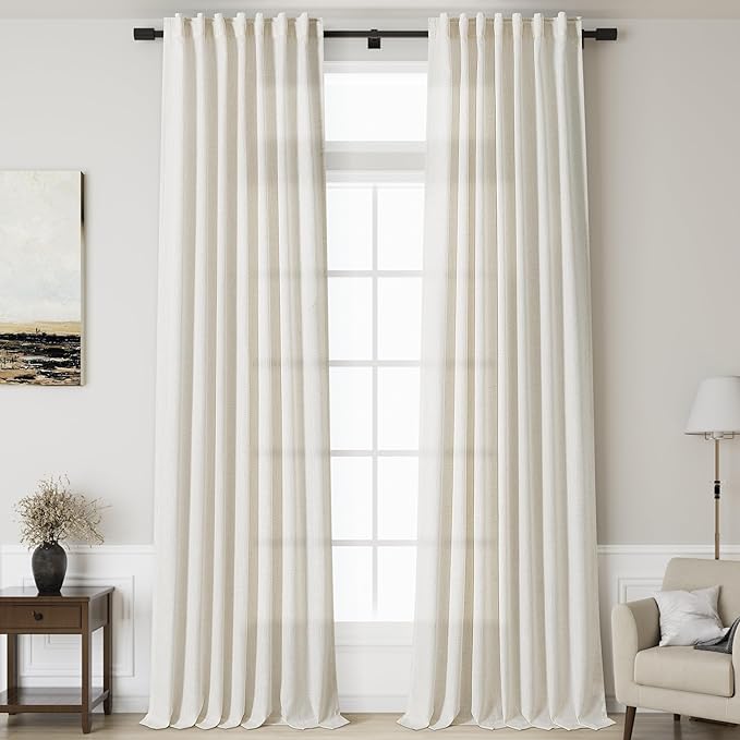 Linen Cream Curtains 145 inch Extra Long for Living Room Back Tab Light Filtering Semi Sheer Drapes Modern Farmhouse Coastal Decor Cotton Textured Curtain for Floor to Ceiling High Window 52x145