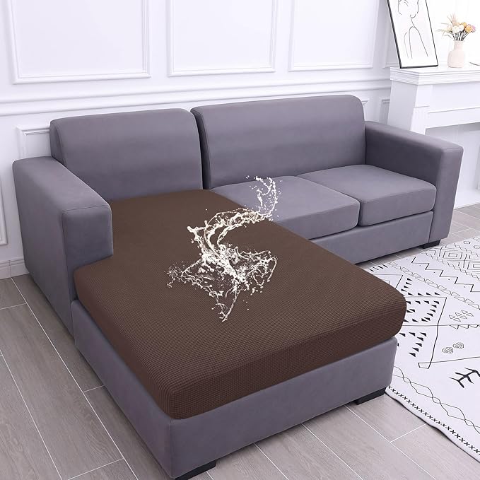 hyha Waterproof Couch Cushion Covers, Sectional Sofa Cushion Slipcovers L Shape, Thick Stretch Jacquard Fabric, Washable Chaise Lounge Cover with Elastic Bottom (1 Piece for Chaise, Brown)