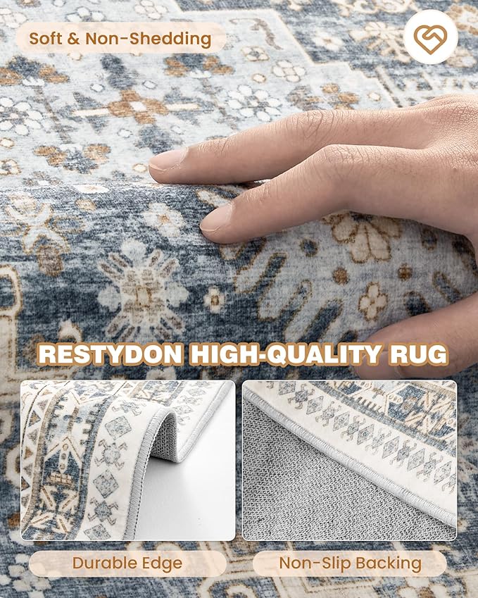 2x5 Rug Runner Washable for Entryway, Soft Bathroom Rugs with Non-Slip Backing,Vintage Low Pile Stair Runner, Small Kitchen Carpet for Hallways, Laundry Room(Blue/Beige,2'x5')
