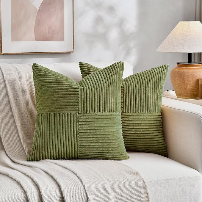 Fancy Homi 2 Packs Moss Green Decorative Throw Pillow Covers 18x18 Inch for Living Room Couch Bed Sofa, Farmhouse Boho Home Decor, Soft Corss Corduroy Patchwork Textured Square Cushion Case 45x45 cm