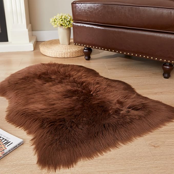 EasyJoy Ultra Soft Fluffy Shaggy Area Rug Faux Fur Rug Chair Cover Seat Pad Fuzzy Area Rug for Bedroom Floor Sofa Living Room (2 x 3 ft Sheepskin, Coffee)