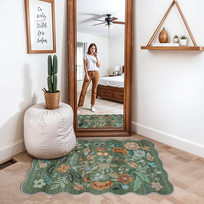 Washable Floral 2x3 Area Rug: Indoor Soft Scalloped Carpet for Entryway Kitchen Nursery Non-Slip Water Resistant Bathroom Laundry Floor Mat Low Pile Durable Door Mat(2x3 Floral/Green)