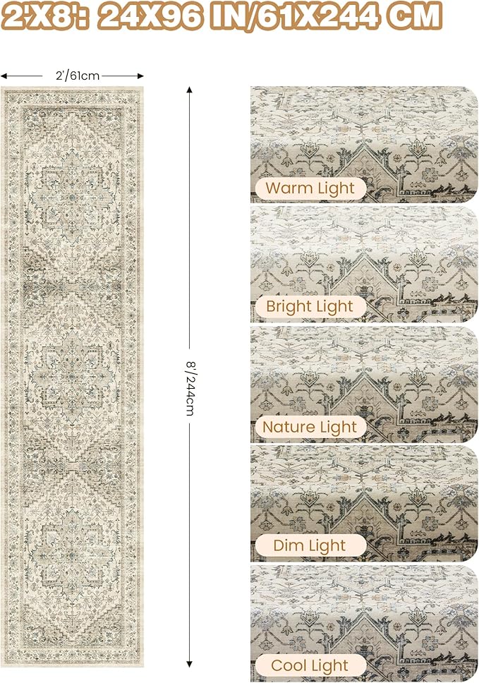 Runner Rug 2x8 Runners for Hallways Non Slip Washable, Vintage Hallway Runner Rugs for Living Room, Low Pile Soft Hallway Rug for Kitchen Bedroom Laundry Room Rug(Brown/Beige,2'x8')