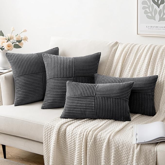 MIULEE Grey Decorative Lumbar Throw Pillow Covers 12x20 Inch for Couch Bed Sofa Pack of 2 Boho Farmhouse Throw Pillows Soft Cross Corduroy Patchwork Textured Cushion Cases