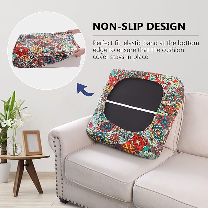 hyha Printed Couch Cushion Covers, Floral Sofa Covers Washable for 3 Cushion Couch, Stretch Pattern Outdoor Cushion Covers for Patio Furniture with Elastic Bottom(Large, Diamond Mandala)