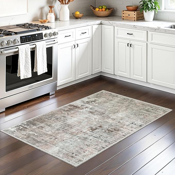 Soalmost 2x3 Abstract Washable Rugs for Kitchen, Floor, Entryway, Powder Room Small Area Rug Non-Slip Vintage Low Pile Throw Door Mat Pink Grey
