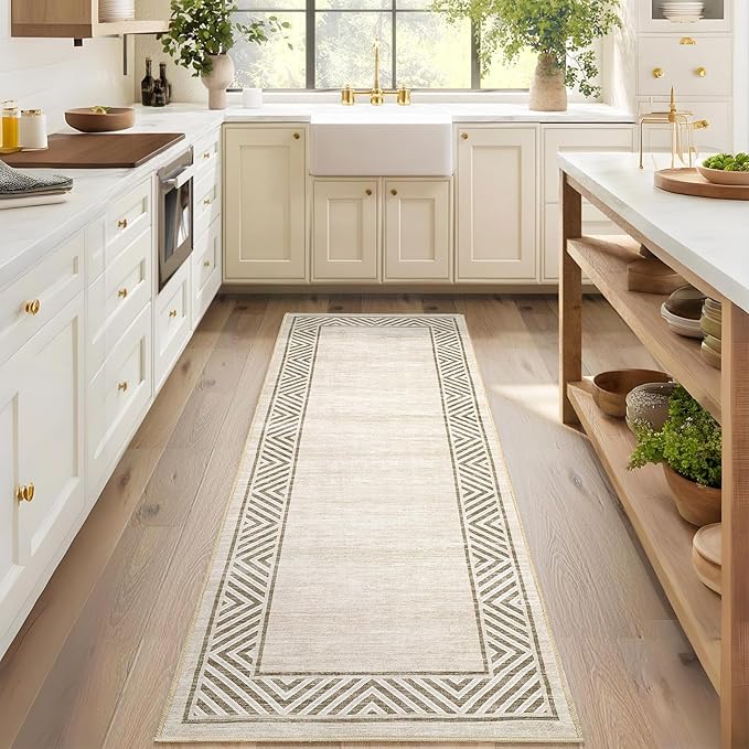 GarveeHome Washable Hallway Rug 2x6 Narrow Modern Bordered Floor Runner, Non-Shedding Contemporary Bedside Rug, Foldable Ultra-Thin Carpet Runner for Bedroom, Kitchen, Laundry Room, Beige