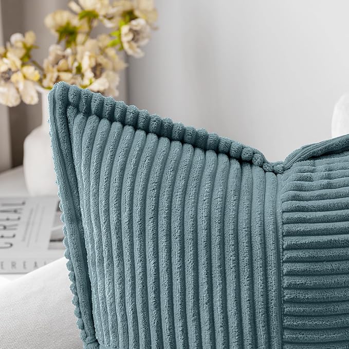 MIULEE Decorative Throw Pillow Covers for Couch Bed Livingroom 16x16 Inch Set of 2 Dusty Blue Boho Accent Throw Pllows Broadside Striped Patchwork Soft Corduroy Summer Coastal Pillowcases
