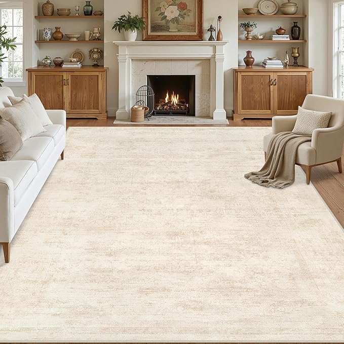 Area Rugs 9x12 Living Room: Vintage Boho Neutral Washable Rug Indoor Soft Large Area Rug Carpet for Bedroom Nursery Farmhouse Dining Room Office Floor Non-Slip Low Pile Under Table Rug Retro Beige