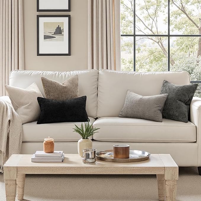 MIULEE Pack of 2 Lumbar Couch Throw Pillow Covers 20x12 Inch Neutral Beige Modern Boho Accent Decorative Pillow Covers Soft Chenille Farmhouse Cushion Covers for Home Decor Bed Sofa Living Room