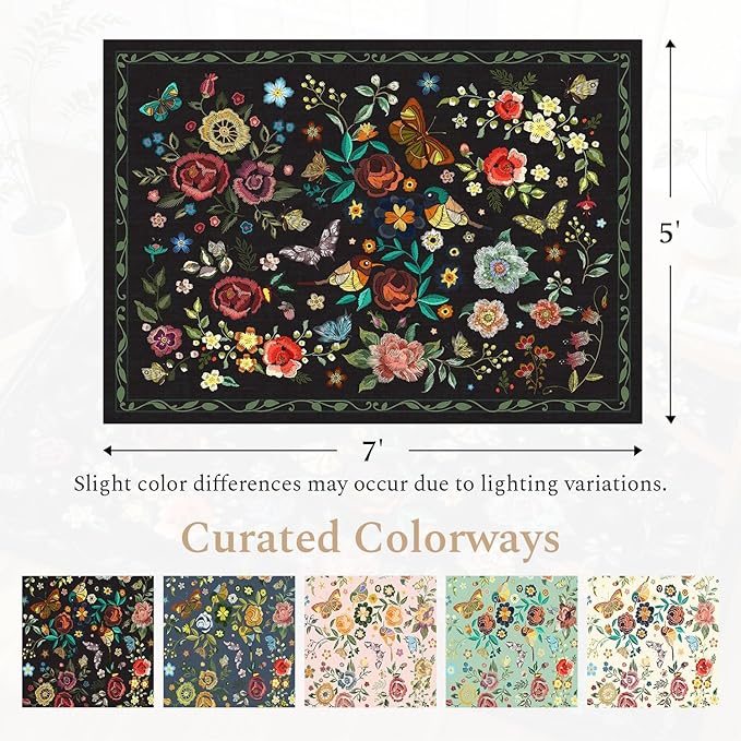 Rugflix 5x7 Washable Area Rug for Living Room, Soft Non Slip Low Pile Carpet, Floral Vintage Stain Resistant Rugs for Bedroom, Dining Room, Home Office, Black