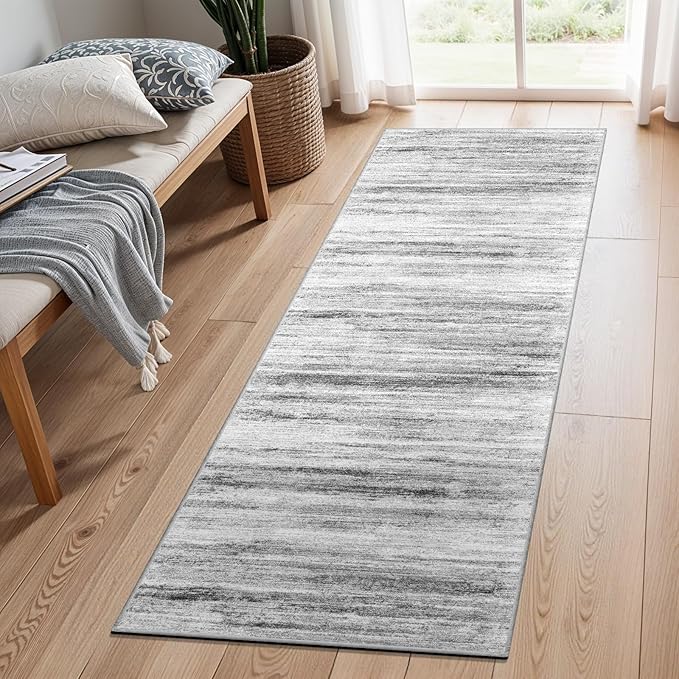 2x7 Washable Runner Rugs for Hallway: Easy-to-Clean Abstract Runners for Entryway Bedroom - Stain and Water Resistant Rugs with Non-Slip Backing - Soft Low-Pile Grey