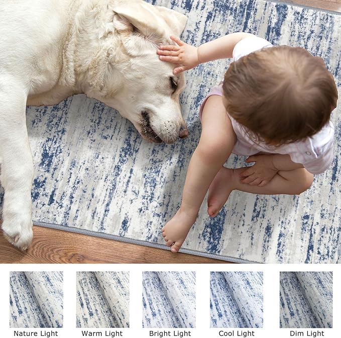 Lansny Modern Abstract Entryway Rug Indoor 2x3 Washable Rug Non-Slip Soft Small Area Rug Blue White Kitchen Mats Thin Print Faux Wool Floor Carpet Throw Rugs for Entrance Bedroom Office Home Decor