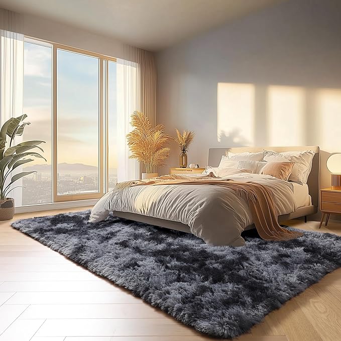 ONASAR Area Rugs for Bedroom Living Room, Fluffy Tie-Dyed Dark Grey 4x6 Indoor Bedside Floor Throw Rug, Soft Plush Shaggy Carpet for Nursery Kids Girls Boys Teen Dorm Home Office Decor