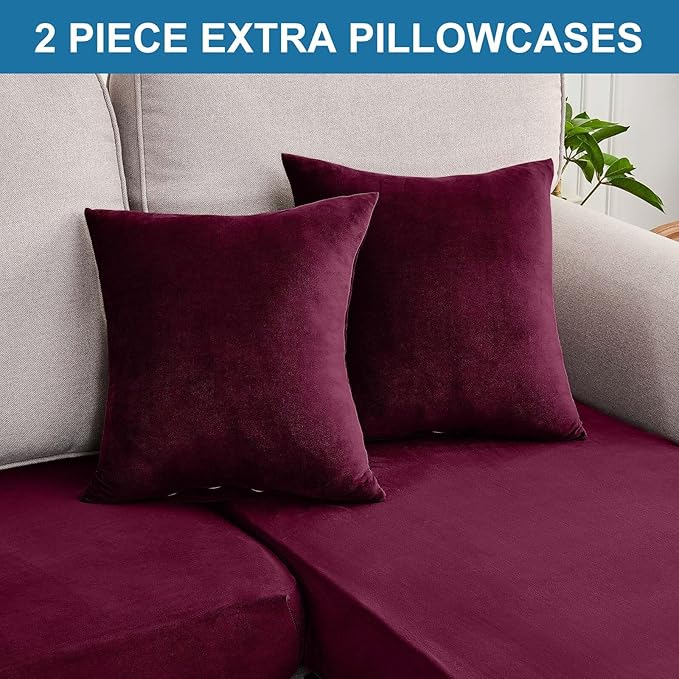 Couch Cover 4-Piece Elastic Velvet Couch Cushion Covers & Chaise Slipcovers for L-Shaped Sofas, Sofa Seat Covers Washable, Soft Cover for Couches (3 Seater + Chaise, Wine)