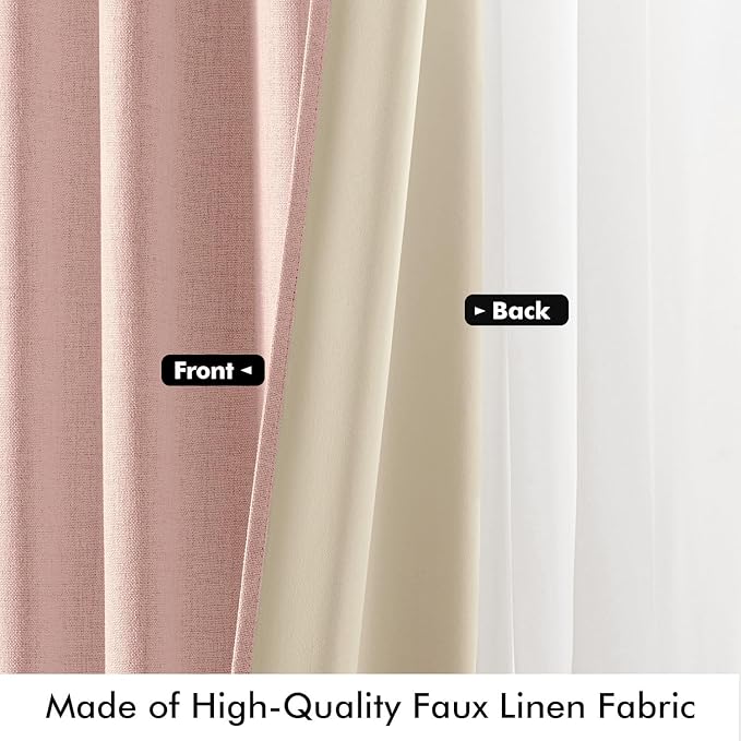 MIULEE 100% Blackout Linen Curtains for Bedroom, Blush Pink Solid Luxury Decor Thermal Insulation Room Darkening Drapes for Living Room Nursery Back Tab Rod Pocket 42 x 96 Inches, 2 Panels