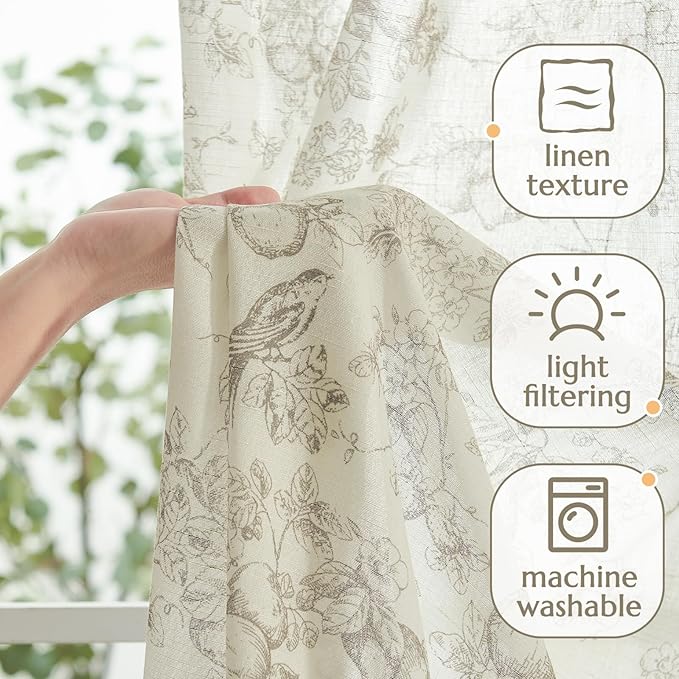 jinchan Linen Floral Curtains for Living Room 96 Inch Length Taupe Printed Flower French Country Curtain Farmhouse Cottage Core Toile Curtains Back Tab Light Filtering Window Drapes Set 2 Panels