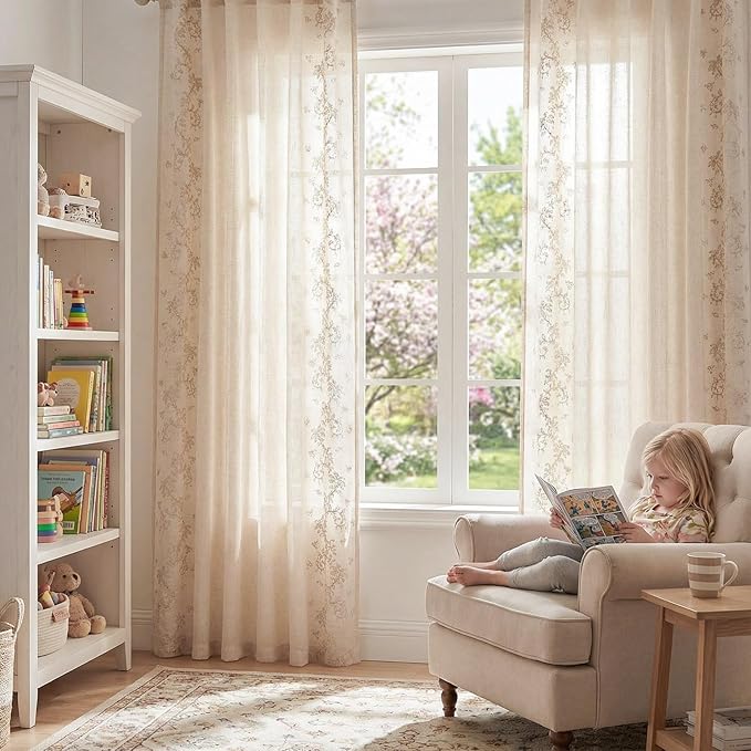 jinchan Evelyn Embroidered Linen Curtains for Living Room Elegant Farmhouse Decor Beige Floral Curtains Semi Sheer Light Filtering Window Drapes for Bedroom Rod Pocket Back Tab 2 Panels W50 x L84