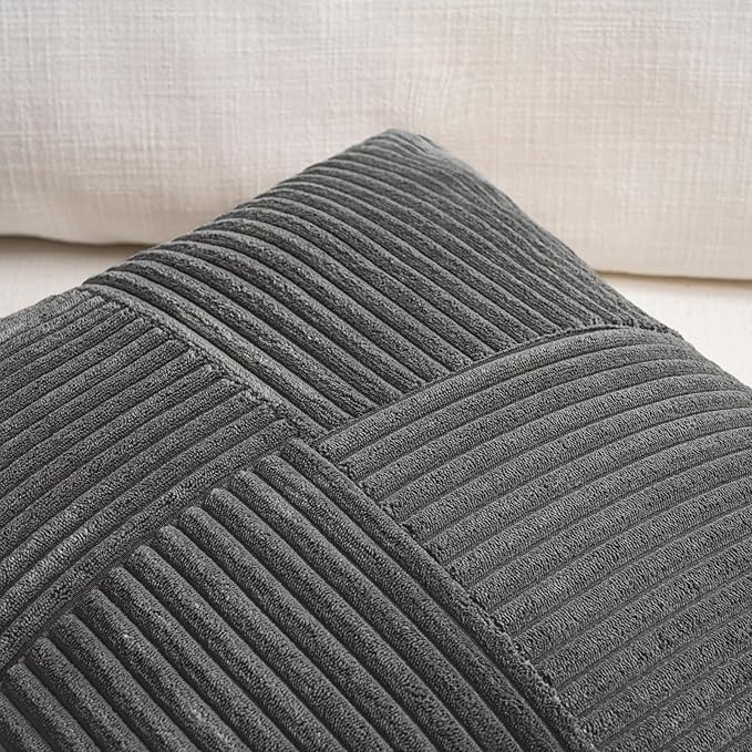 Fancy Homi 2 Packs Dark Gray Lumbar Decorative Throw Pillow Covers 14x22 Inch for Living Room Couch Bed Sofa, Farmhouse Home Decor, Soft Striped Corduroy Rectangle Accent Cushion Case 35x55 cm